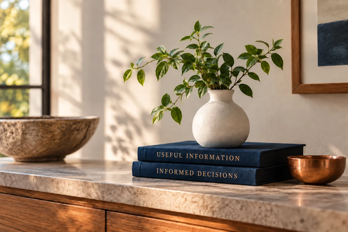 Green foliage in an ivory vase resting on navy books beside a copper bowl