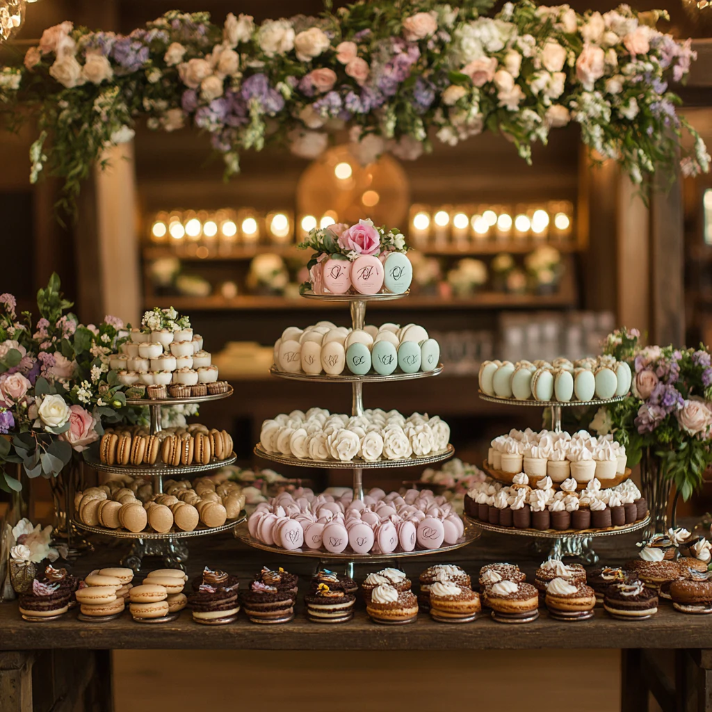 Elegant display of edible wedding favors and miniature desserts